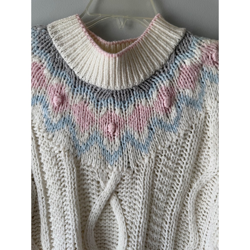 Exclusive Imports Vintage Hand Knit Cable Sweater Pastel Pink Blue White Large - Picture 2 of 9